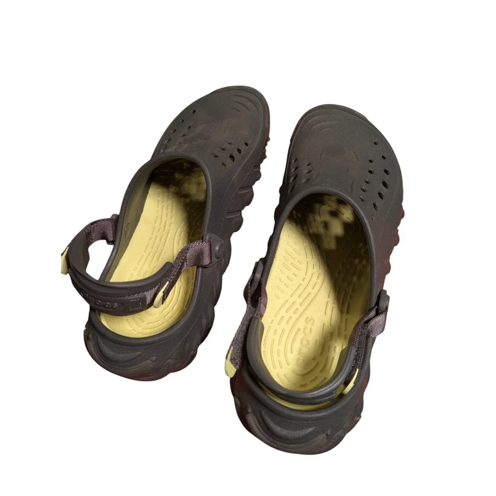 Crocs Echo Clog Espresso Brown Yellow Adjustable Strap Mens 9 Womens 11 Sandals